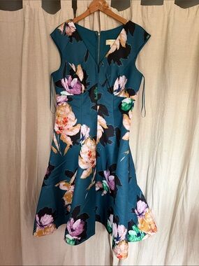 Anthropologie Teal Floral Fit-and-Flare Dress